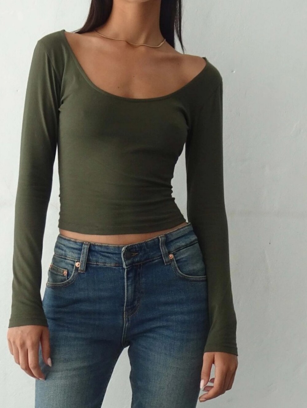 Motel Rocks Olive Green Long Sleeve Scoop Neck Top